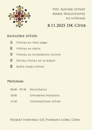 Pozývame Vás na VIII. ročník súťaže Márie Hollosiovej vo vyšívaní dňa 8.11.2025 do Domu kultúry v Cíferi